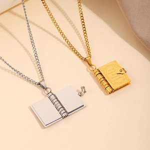 Vintage stainless steel openable book pendant necklace with engraved inspirational quote