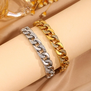 Pulseras de cadena cubana Hip Hop de acero inoxidable en oro y plata con diamantes