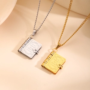 Vintage stainless steel book locket necklaces with engraved quotes in gold and silver