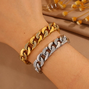 Pulseras de eslabones cubanos chapadas en oro de 18K y plata con pedrería fina