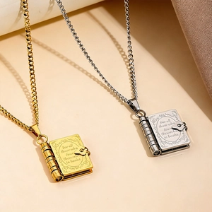 Vintage Titanium Steel Openable Book Locket Necklace With Engraved Quote Retro Literary Jewelry For Men Women Couples Gold Silver
