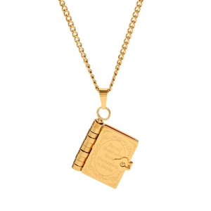 Engraved gold book locket necklace in stainless steel with elegant O-chain link