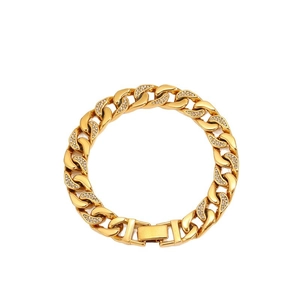 Pulsera cubana clásica de acero inoxidable chapado en oro de 18K con incrustación de diamantes