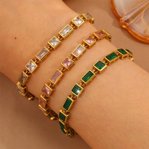Elegant gold stainless steel bracelets with emerald, pink, and clear zircon stones