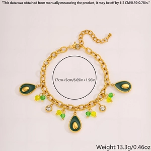 Detail view of gold avocado bracelet showing 17cm plus 5cm extension and 13.3g weight
