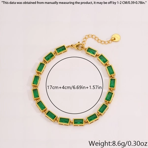 Detail of gold stainless steel bracelet with green stones and dimensions 17cm+4cm