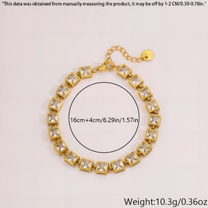 Detail of gold stainless steel zircon bracelet showing 16cm plus 4cm extension and weight