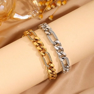 Pulsera de cadena cubana de acero al titanio con strass brillantes en color oro y plata