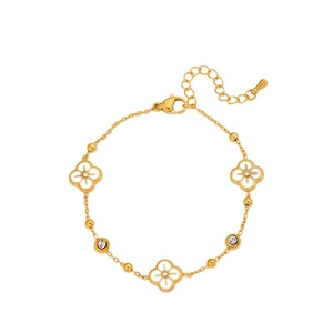 Vergoldetes Titanstahl-Kleeblatt-Armband mit weißem Emaille und funkelnden Kristallen