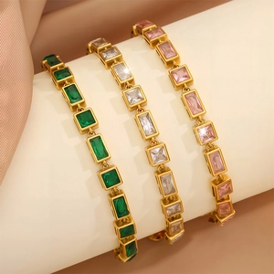 Elegant gold-plated tennis bracelets featuring emerald, clear, and pink zircon stones