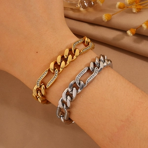 Pulsera de eslabones cubanos hip hop en oro y plata con eslabón de diamantes pavé