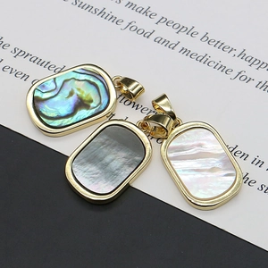 Golden rectangular natural shell pendants featuring abalone and white mother of pearl
