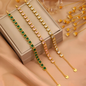 Elegant gold stainless steel bracelets with green, pink, and white square zircon stones