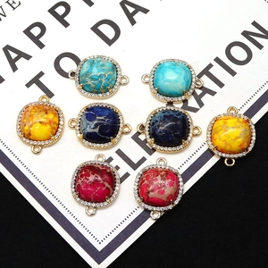 Set of 8 square natural stone connectors with gold plated edges and micro pavé crystals