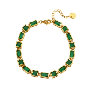 Elegant gold plated stainless steel bracelet with rectangular green emerald zircons