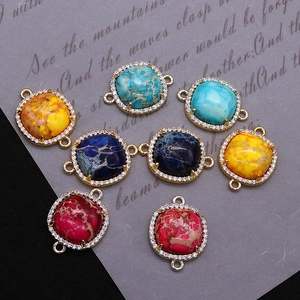 Set of 8 colorful square natural stone connector pendants with gold plated pavé crystals