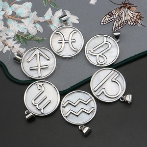 Natural sea shell round zodiac pendants with silver frame and mother of pearl inlay