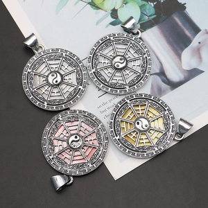 Set of four Tai Chi Bagua shell necklaces in silver, pink, yellow, and white tones