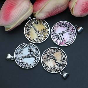 Natural shell Tree of Life round pendants in vintage silver frame for DIY necklace making