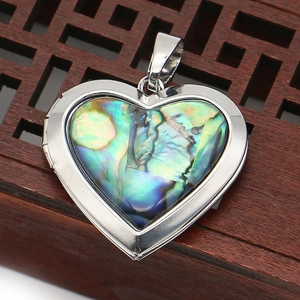 Polished silver heart locket pendant featuring natural iridescent abalone shell inlay