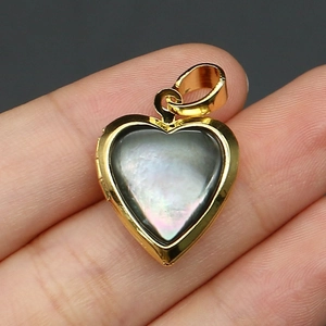 Macro detail of heart locket with abalone shell inlay and golden metal frame