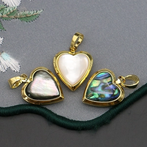 Abalone shell heart locket pendants in gold finish with vintage relief flower patterns