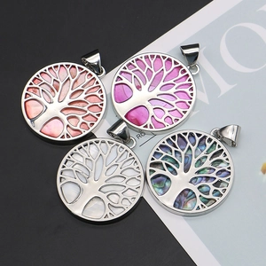 Natural sea shell Tree of Life pendants in silver metal with assorted colorful mother of pearl