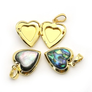 Golden heart-shaped mother of pearl locket pendants with iridescent shell inlay