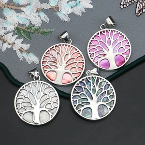 Natural sea shell Tree of Life round pendants in pink white and abalone shell finishes
