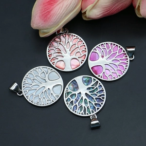 Natural shell round tree of life pendants in pink, purple, white and abalone colors