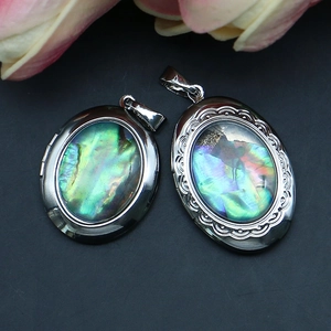 Ovaler Medaillon Anhänger aus Abalone Muschel mit geprägter Kupferbeschichtung DIY