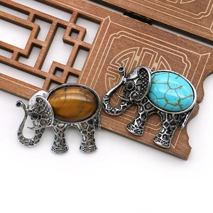 Vintage Alloy Elephant Brooch Pendant Dual Use Natural Tiger Eye Blue Turquoise Stone Retro Ethnic Jewelry DIY Accessory