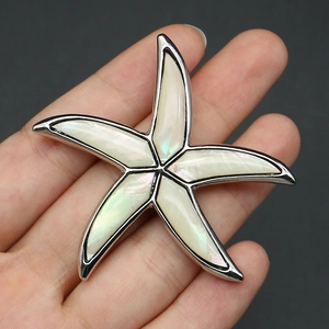 Handheld view of a large silver starfish brooch with natural white seashell inlay