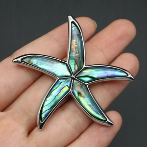 Macro detail of starfish brooch pendant with iridescent abalone shell in silver setting