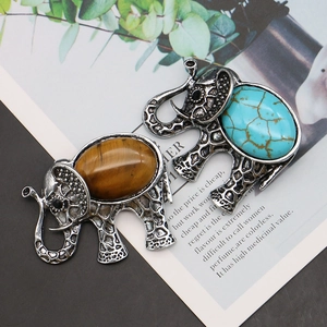 Retro elephant pendant brooch set with natural tiger eye stone and blue turquoise stones