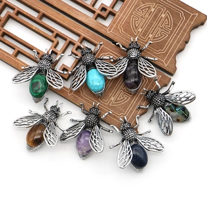 Broche Abeille en Pierre Naturelle Vintage Pendentif Bijoux à Double Usage pour Femmes Hommes Alliage Incrusté Œil de Tigre Coquille d'Ormeau Insecte