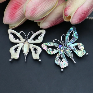 Natural abalone and white shell butterfly pendant brooches with silver metal heart cutouts