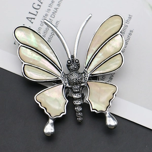 Natural sea shell butterfly brooch and pendant with iridescent silver metal frame