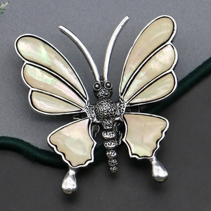 Vintage silver butterfly brooch with natural mother of pearl inlay for women and DIY jewelry