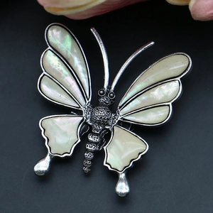 Elegant natural shell butterfly brooch with silver metal frame on black background