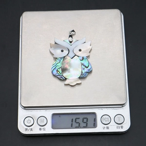 Vue détaillée du pendentif chouette en nacre naturelle et nacre d'ormeau multicolore