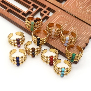 Vintage Dreilagig Hohl Offener Ring Mit Natursteinperlen Böhmisch Vergoldet Verstellbarer Fingerring Für Damen Party Schmuck