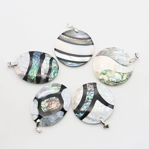 Natural sea shell and abalone mother of pearl mosaic pendants with geometric patterns