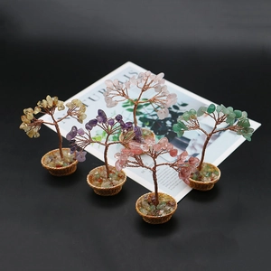 Mini crystal tree set with copper wire and colorful gemstones in woven basket pots