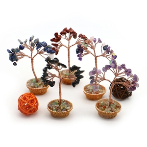 Handmade mini crystal money tree collection in woven flower baskets for desktop decor