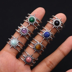 Set of seven bohemian silver stainless steel rings featuring colorful natural stones and sun design