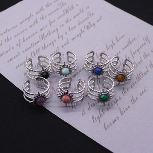 Set of 7 vintage silver stainless steel open rings with colorful natural stones