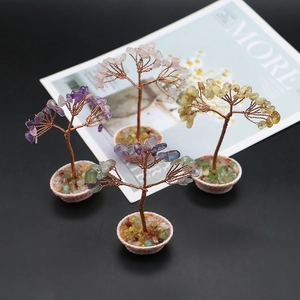 Handcrafted four-piece crystal money tree set with amethyst and rose quartz for home decor