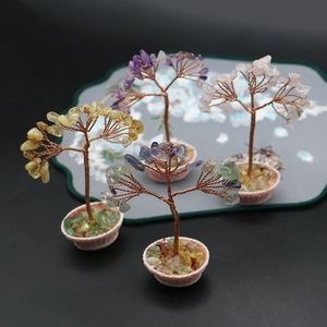 Set of four handmade natural crystal gemstone trees in ceramic pots for desk decor