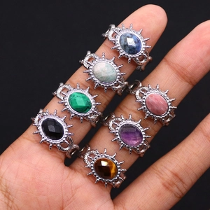 Retro stainless steel sunflower ring set with colorful oval natural stones in boho style